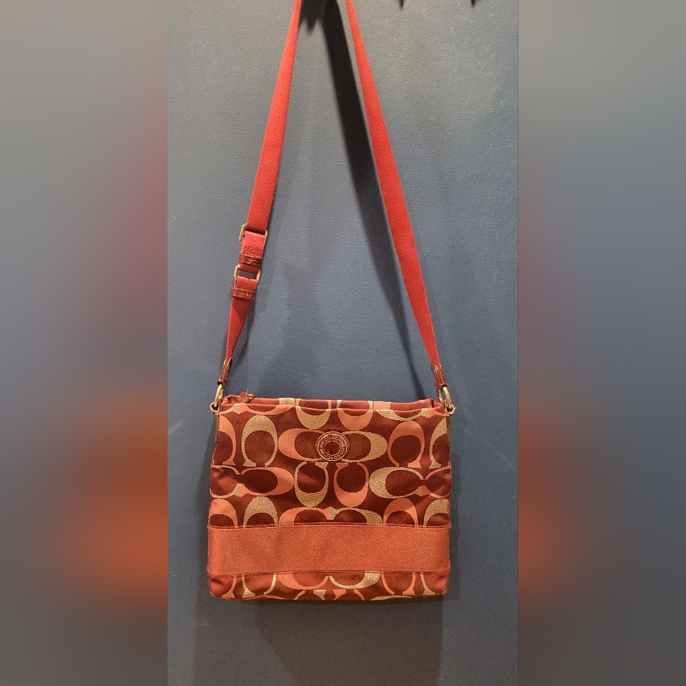 Coach Red, Pink, and Silver Monogram Crossbody Purse